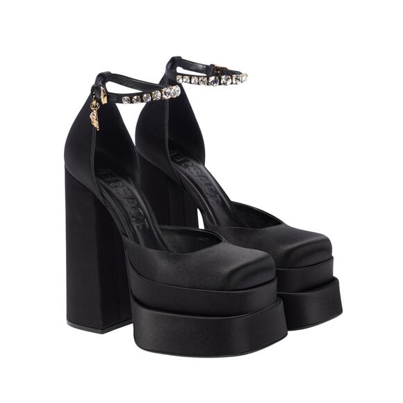 Versace Aevitas Platform Pumps EU 38.5/ US 8.5 Black Satin Crystal NIB $1,575 - Picture 1 of 16